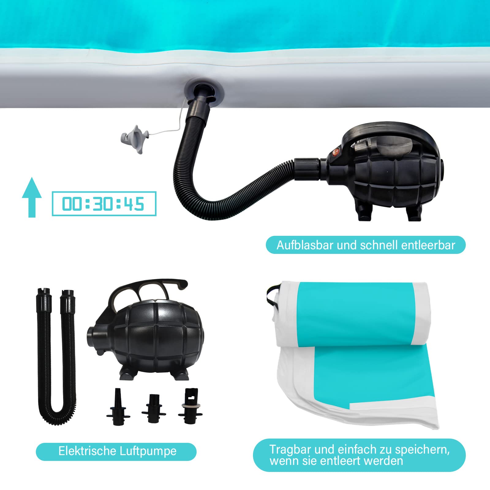 AKSPORT Tappeto Gonfiabile per Ginnastica da 3/4/5/6 metri Air Track Ginnastica Artistica 10/20 cm con Pompa Elettrica per Casa, Campeggio, Palestra,Formazione,Cheerleading