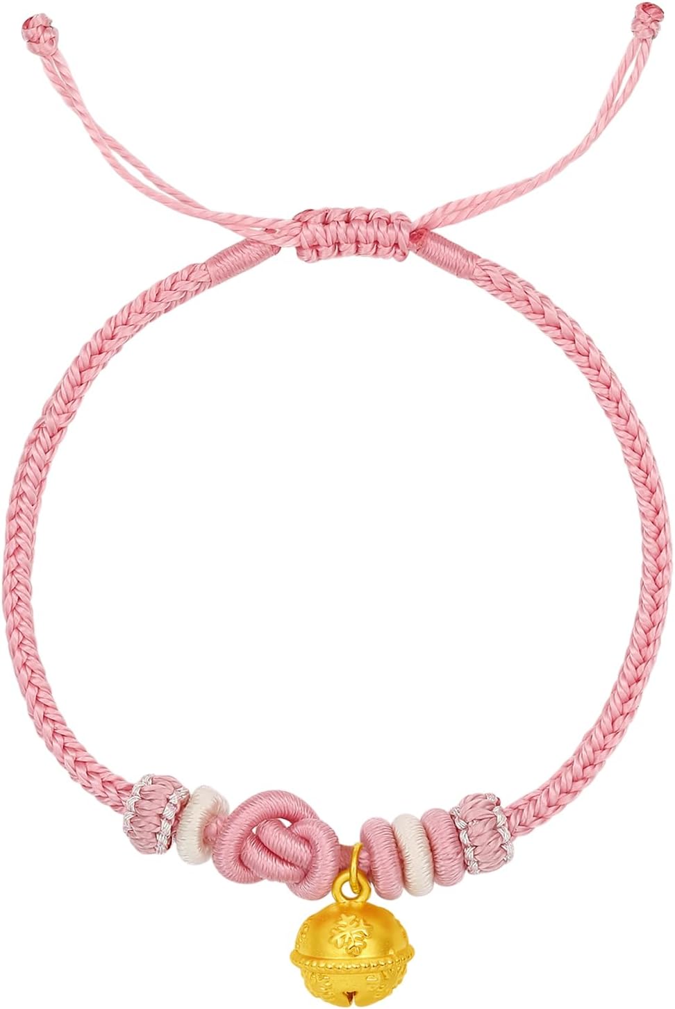 24K Gold Bracelet Bell Bead Bracelet Adjustable Braided Bracelet Pink Jewelry Ball Charm Bracelet for Women Mom Lover Birthday Aniversary 6.3-7.5inch/16+3cm A1714557