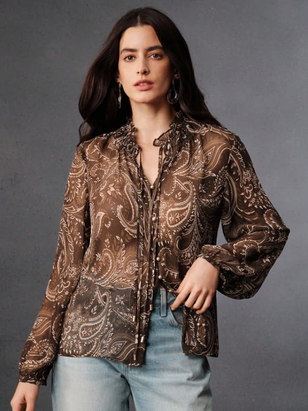 Image of Women Shirt ||Women Top || Cecily Paisley-Trim Button-Front Shirt (S-01-04)