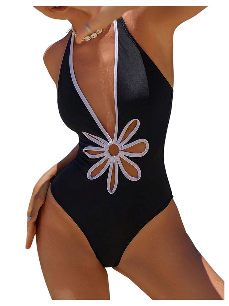 Verdusa Women's One Piece Swimsuit Floral Cut Out Deep V