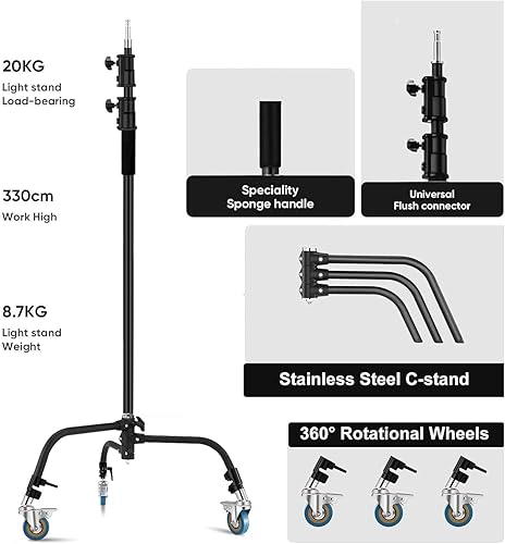 Miniatura 2 de Soporte en C resistente de 10.8 pies con brazo de brazo de sujeción de 4.2 pies  50.4in, ruedas, para estudio de fotografía, reflector de video,