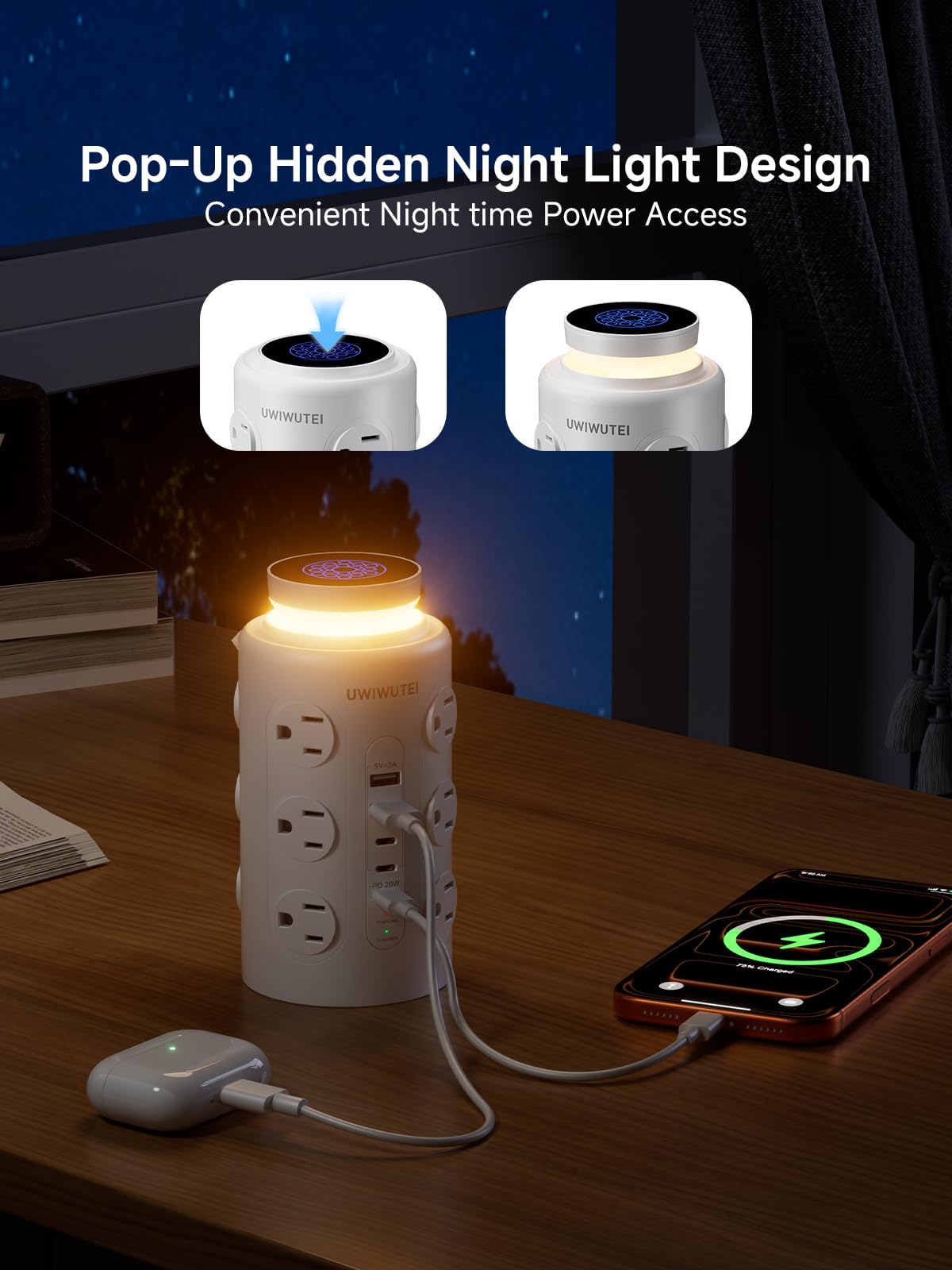Tower Power Strip Surge Protector with Wireless Charging & Night Light - PD20W Fast Charging Station,12 Outlets, 5 USB (3 USB-C),1800J Protection, 10FT Extension Cord, Home Office Essentials(White) — view 3