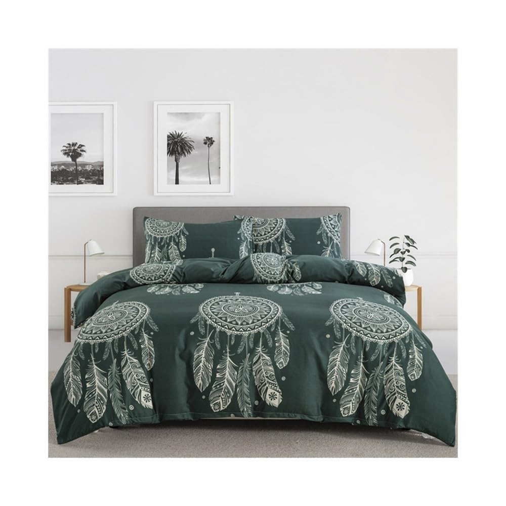 VHKJewE Dream Catcher Duvet Cover Set Boho Feather Mandala Bedding Soft Cozy Reversible Dark Green Quilt Set(EU SK(260x220cm))