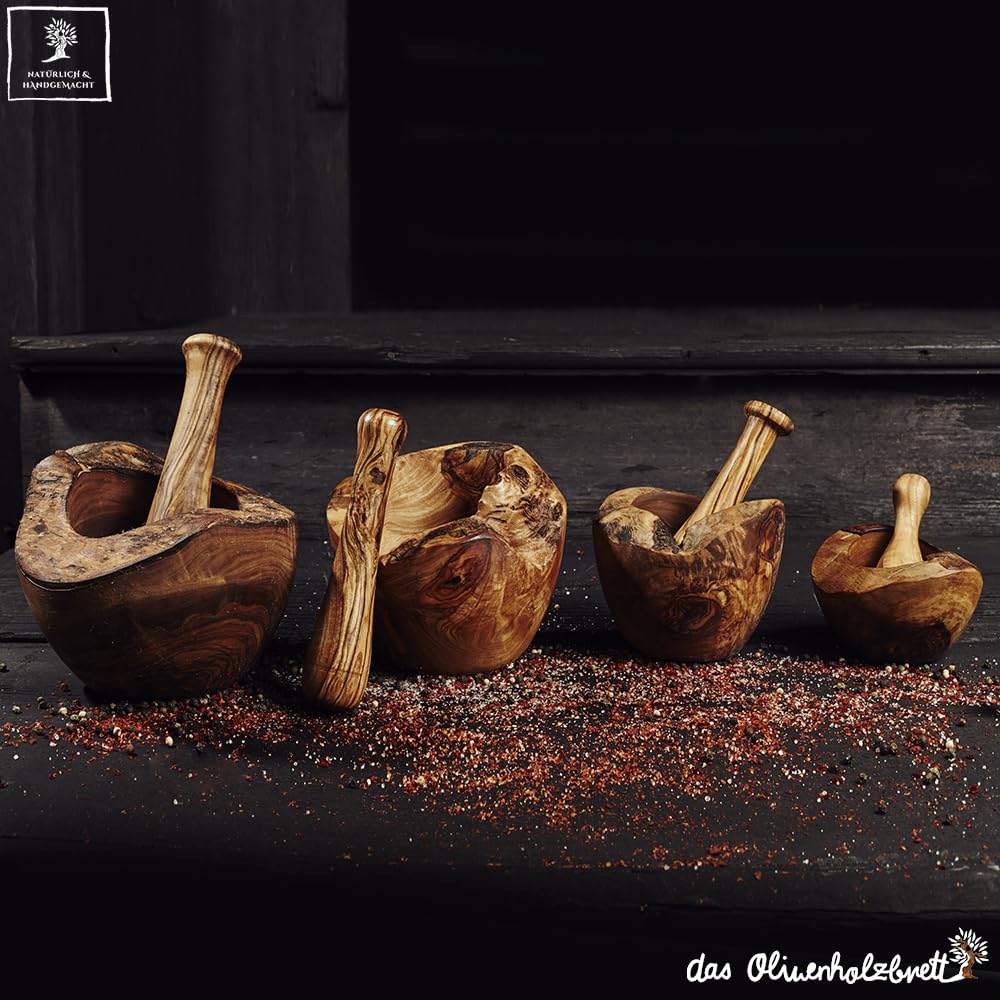Olivenholz Mörser & Stößel Set - Naturschnitt Ca. 14cm Für Kräuter & Gewürze