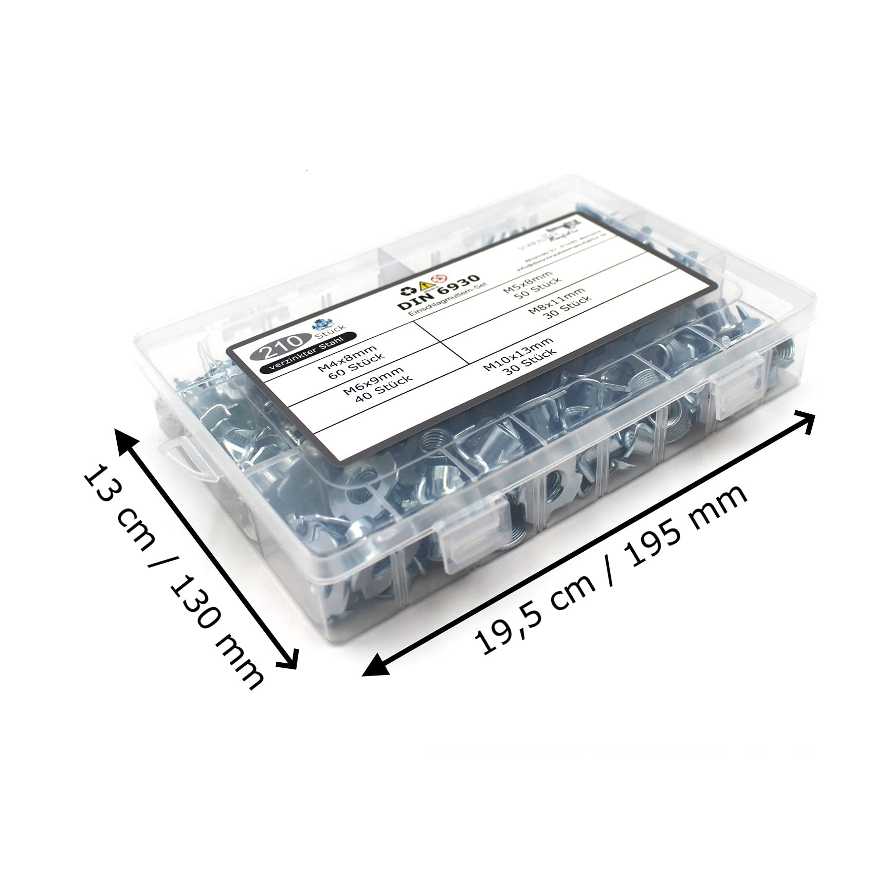 Juego de 210 tuercas de impacto con 4 puntas de impacto similares a DIN 6930/acero galvanizado, tamaños M4, M5, M6, M8, M10