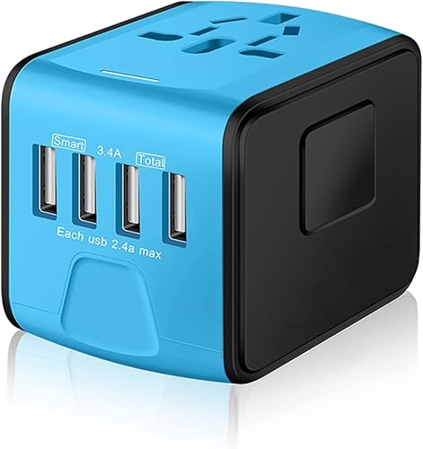 Adaptador de corriente de viaje internacional universal con cargador de pared inteligente de alta velocidad 2.4A 4xUSB, adaptador de enchufe de