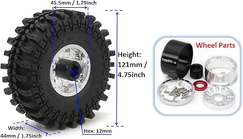 Miniatura 2 de HOBBYSOUL Neumáticos RC 1.9 de altura de 4.75 pulgadas y ruedas Beadlock de 1.9 ajustables, 4 llantas de compensación negativa, color negro para 110