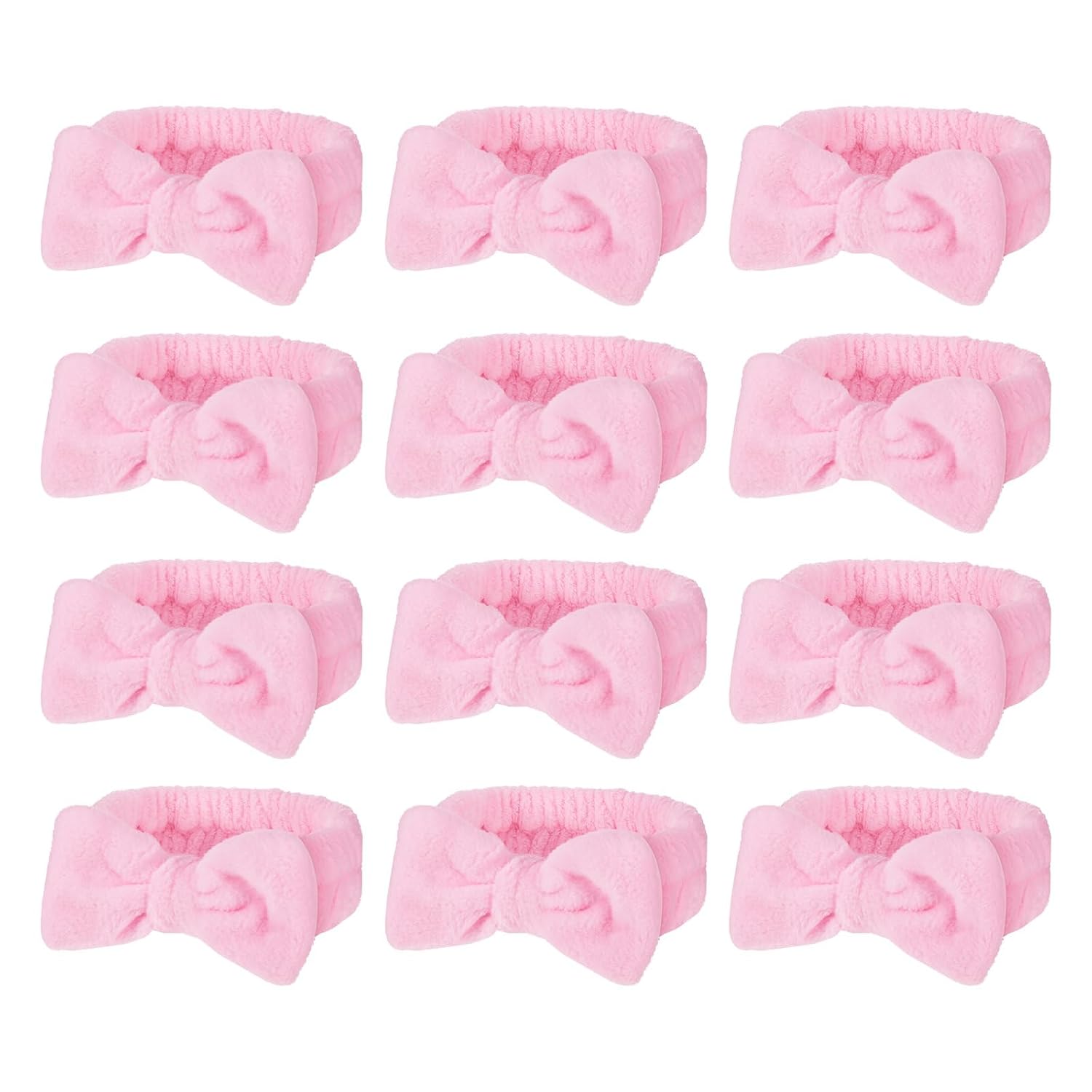 12Pcs Pink Spa Headband Soft Coral Fleece, Makeup Headband Spa Headbands for Washing Face Pink Bow Skincare Headbands Elastic Party Favors, Washable for Makeup, Skincare Washing Face