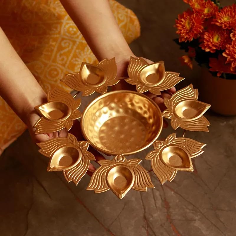 Image of Lotus Shape Diya Flower Urli Handcrafted Bowl for Floating Flowers & Tea Light Candles Home Living Room Office & Table Decor Diwali Decoration Items Premium Metal Color Gold (10inch)