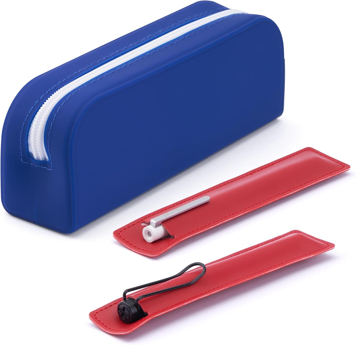 Silicone Pencil Case and PU Leather Pen Cover Set, Aesthetic Silicone Pencil Pouch with Zipper, Protective leather Pen holder, Sleeve Cover for Pencil, Ballpoint Pen