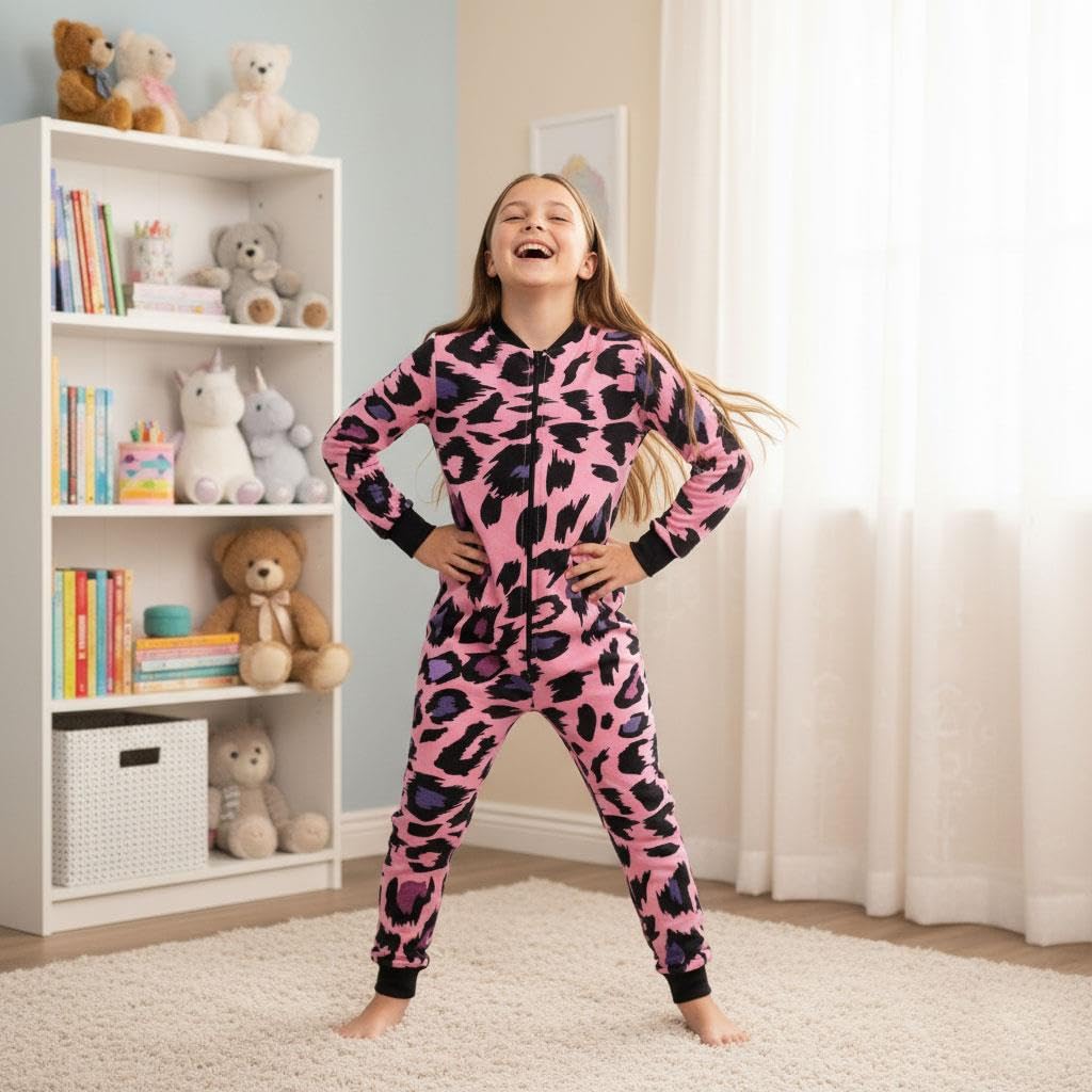 A2Z 4 Kids Baumwolle Onesie Für Kinder Strampelanzug Pyjama Loungewear Leopard Druck Sleepsuit Comfy Geschenke Für Kinder Mädchen Alter 5-13