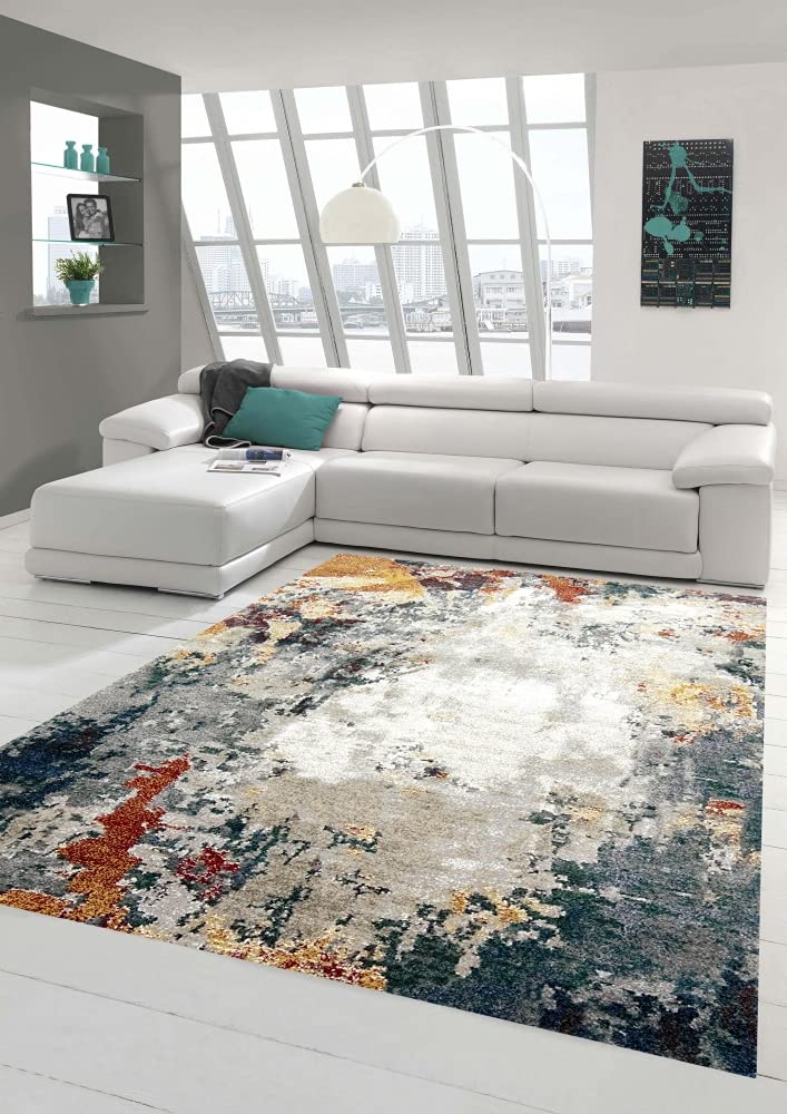 Teppich-Traum Tapis Moderne Couloir Salon Design Abstrait Gris Bleu Rouge - Entretien Facile Größe 140x200 cm