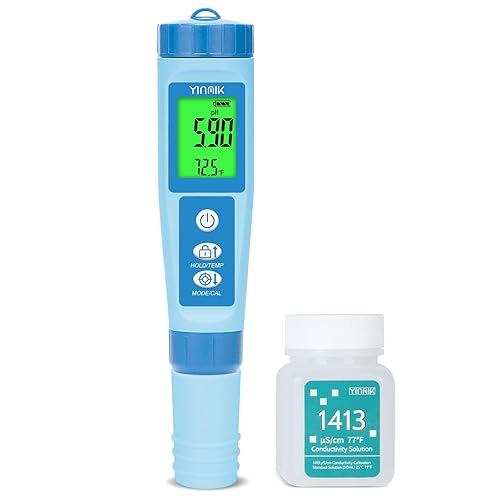 Medidor de pH de agua, medidor digital 4 en 1 de temperatura de pH EC TDS para hidroponía, probador PPM de conductividad de pH con líquido de