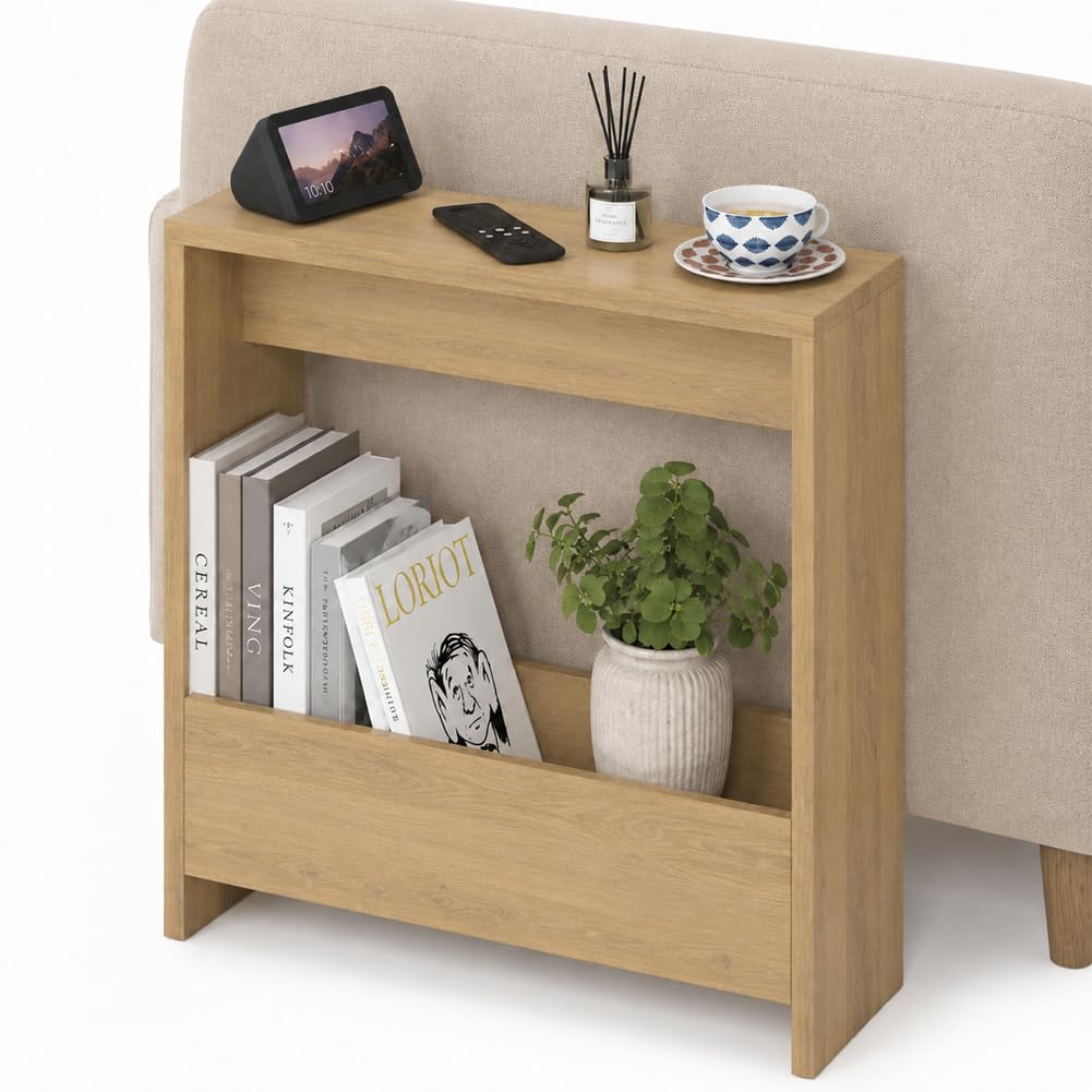 Shally Dogan Tavolino Laterale Divano Salvaspazio, Tavolo Multifunzione per Ingresso, Console Versatile Design Minimal, Mobile Doppio Ripiano Struttura Resistente, 55 x 20 x 60 cm (Quercia)