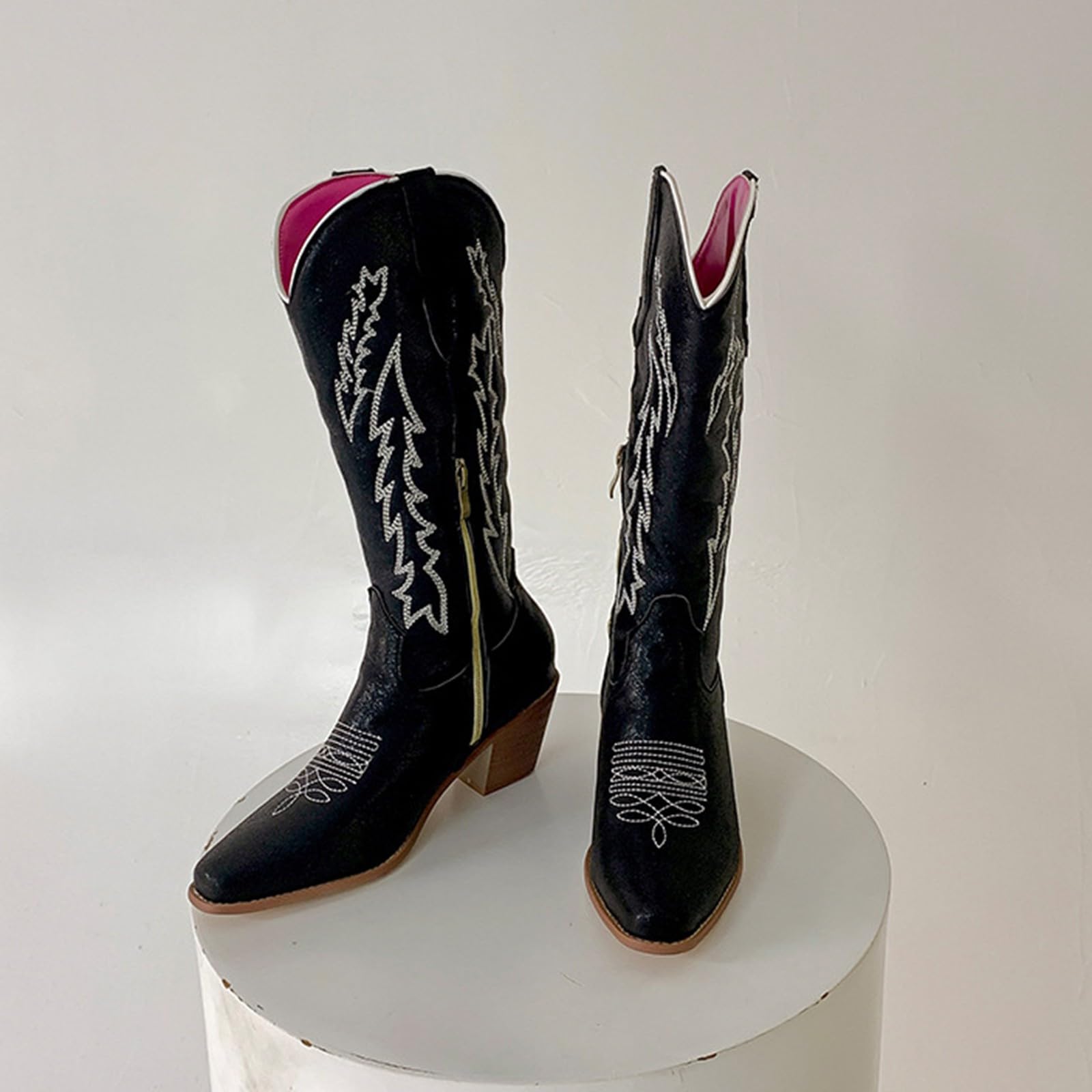 Stivali da cowboy da donna, vestibilità larga, tacco medio, retrò, a punta, stile country, stile casual, ricamati in stile country, stivali classici da donna, in pelle, per feste e balli