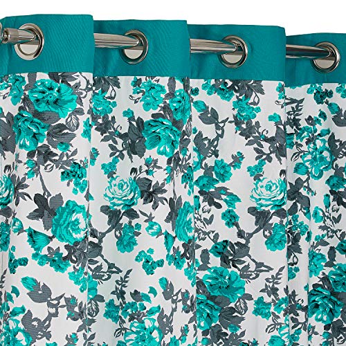 Image of Swayam Blackout Cotton Casement Long Door Curtain for Living Room & Bedroom | 9 Feet | Room Darkening Curtain with Eyelets | Pack of 2 | Floral Design - Turquoise