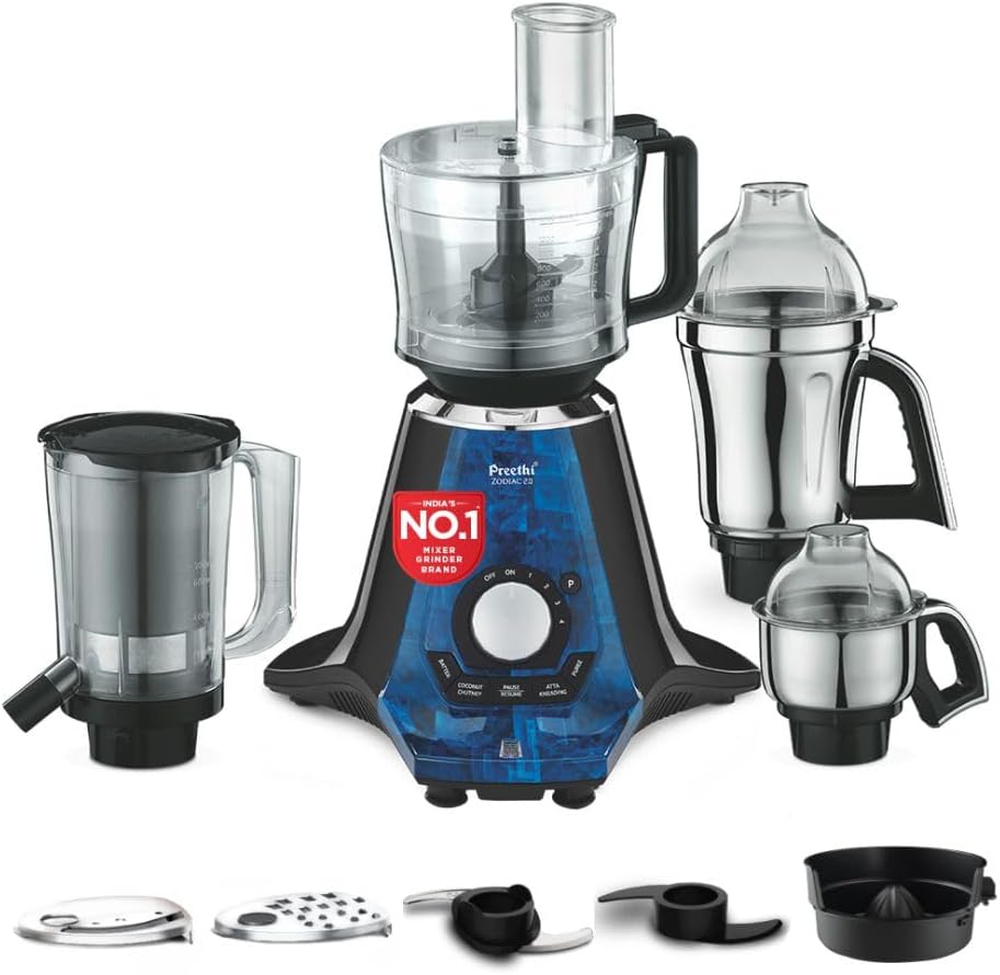 Preethi Zodiac 2.0 1000 Watts, Smart Mixer Grinder, 4 Jars (1 Food Processor Jar, 2 Stainless Steel Jars, Juicer Jar), Atta Kneading, Powerful Grinding, 2 Year Warranty, Lifelong Free Service, Blue