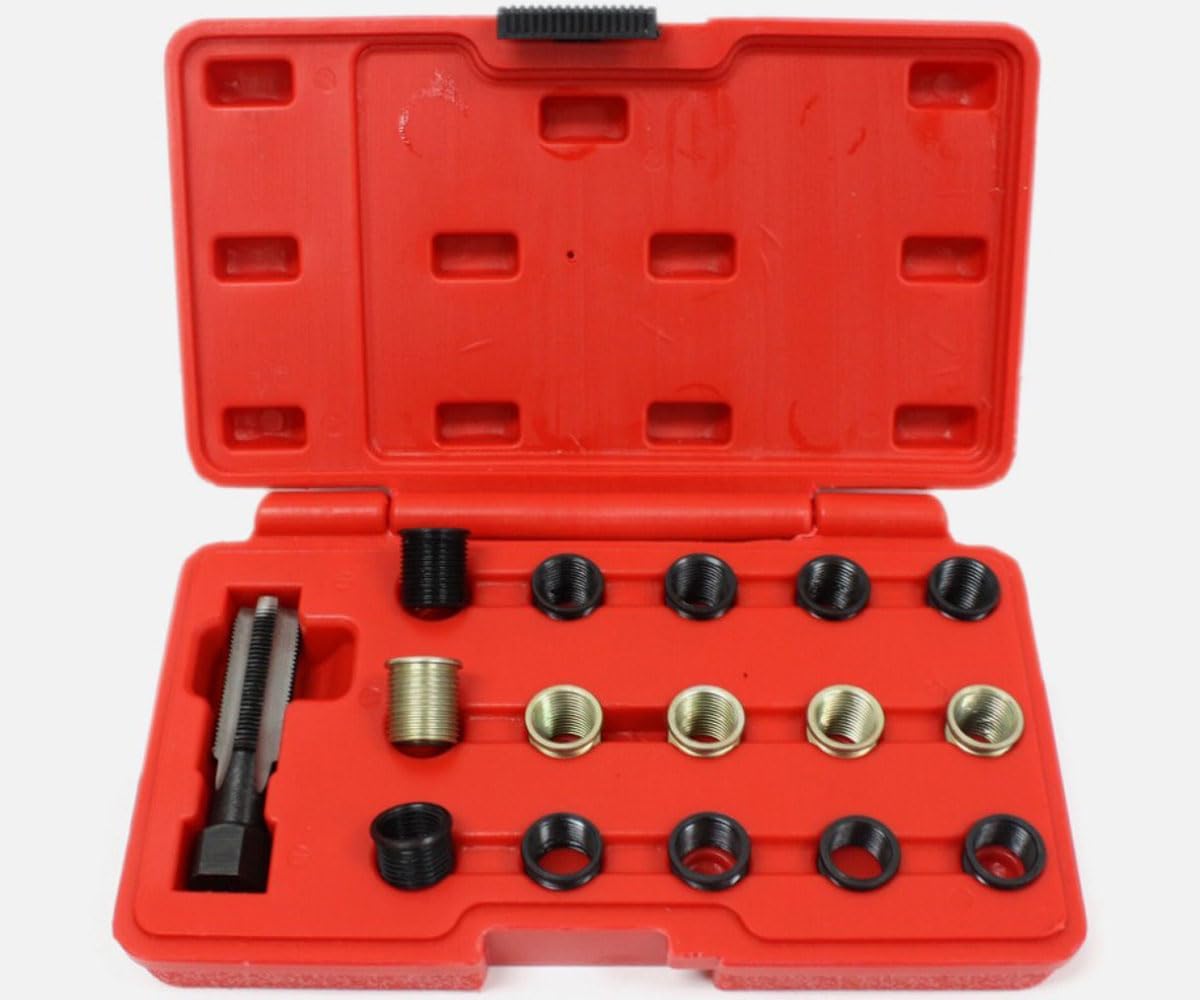 Spark Plug Thread Repair Kit M14 X 1.25, 16Pc Rethreading Tool Set with M16 Tap Thread Inserts for Automotive Engine Repair