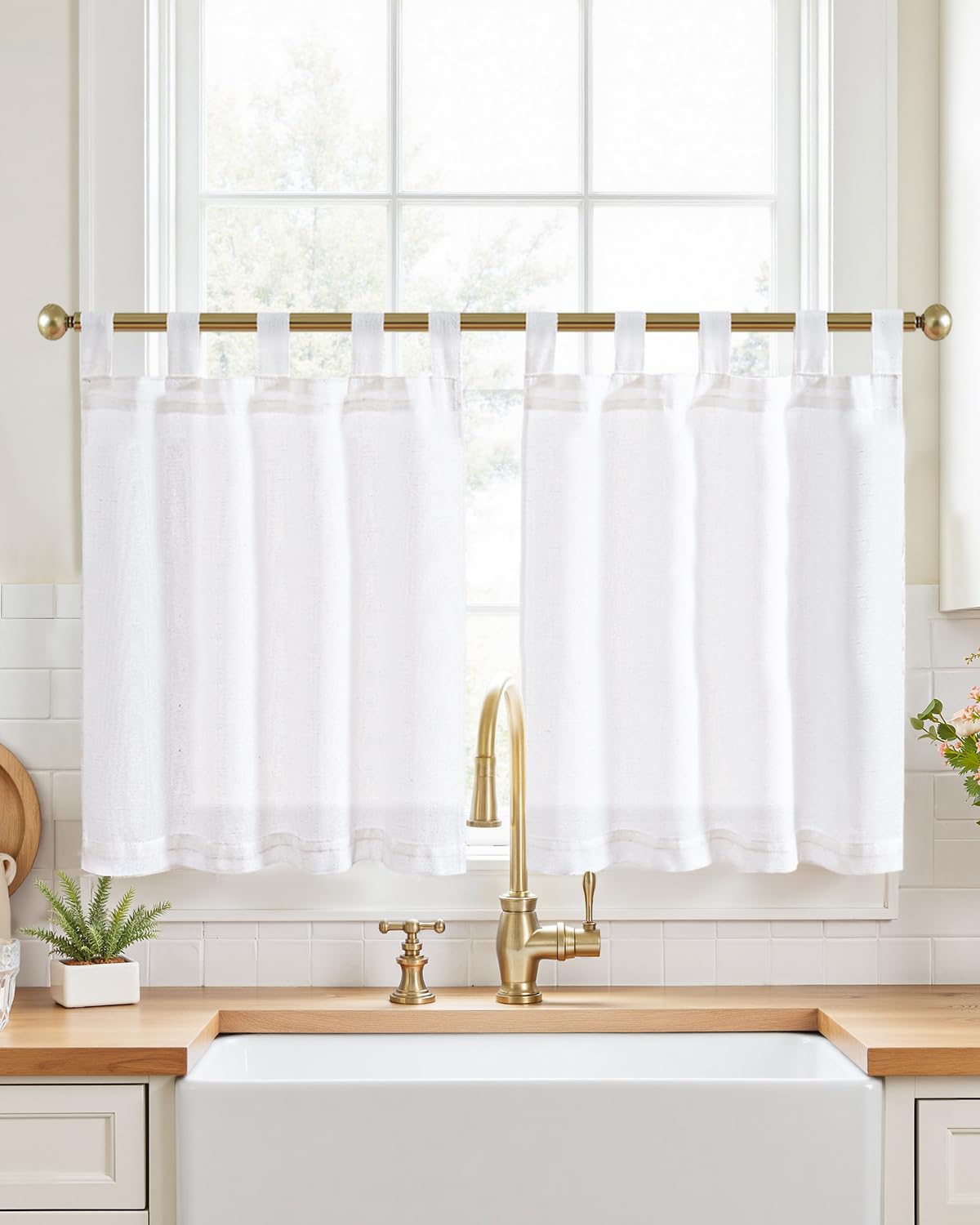 Photo 1 of jinchan Beige Kitchen Curtains 30 Inch Linen Farmhouse Tab Top Cafe Curtains Small Window Drapes Flax Country Rustic Light Filtering for Bathroom Laundry Room RV 2 Panels White