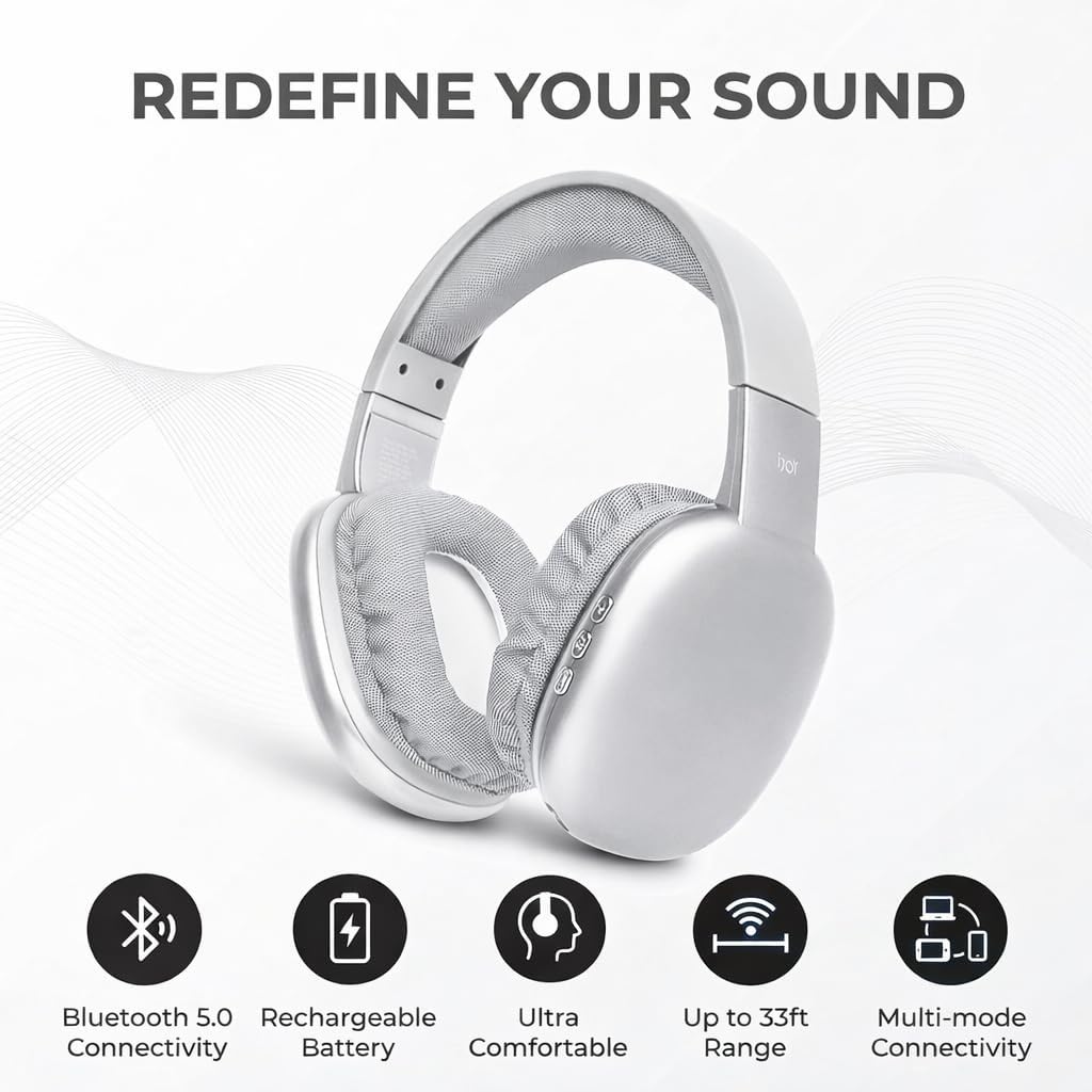 iJoy Ultra Wireless Over-Ear Bluetooth Headphones with Mic, Bluetooth Headset with Backup Wire & SD Slot, Wireless Headphones for Work, School & Gym (Silver)