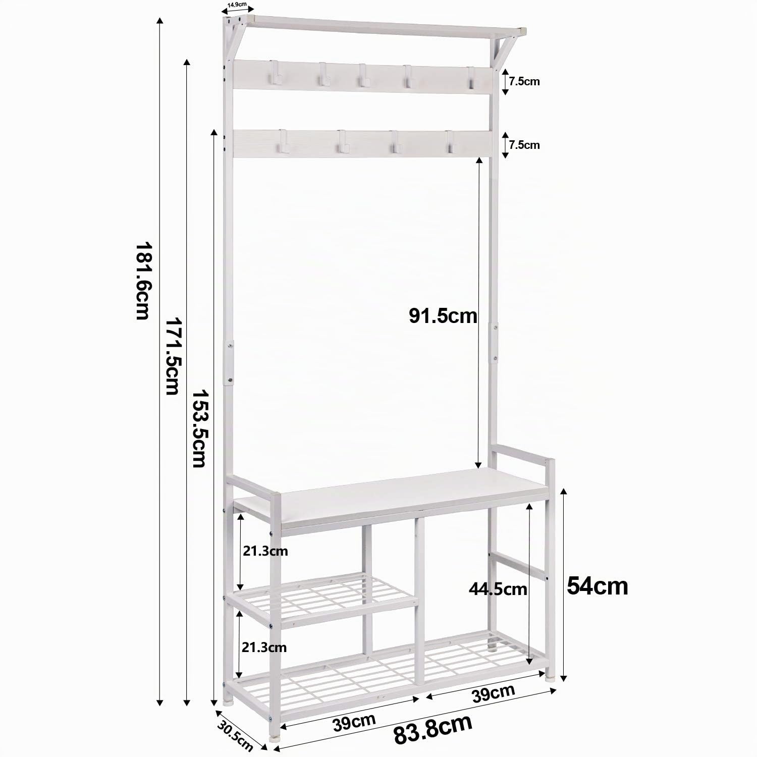 Leader Accessories Appendiabiti, Attaccapanni Autoportante, Scarpiera con Panca, Ganci Rimovibili, Mobile Ingresso Corridoio, Altezza di 183 cm, Industriale, Struttura in Metallo, Bianco