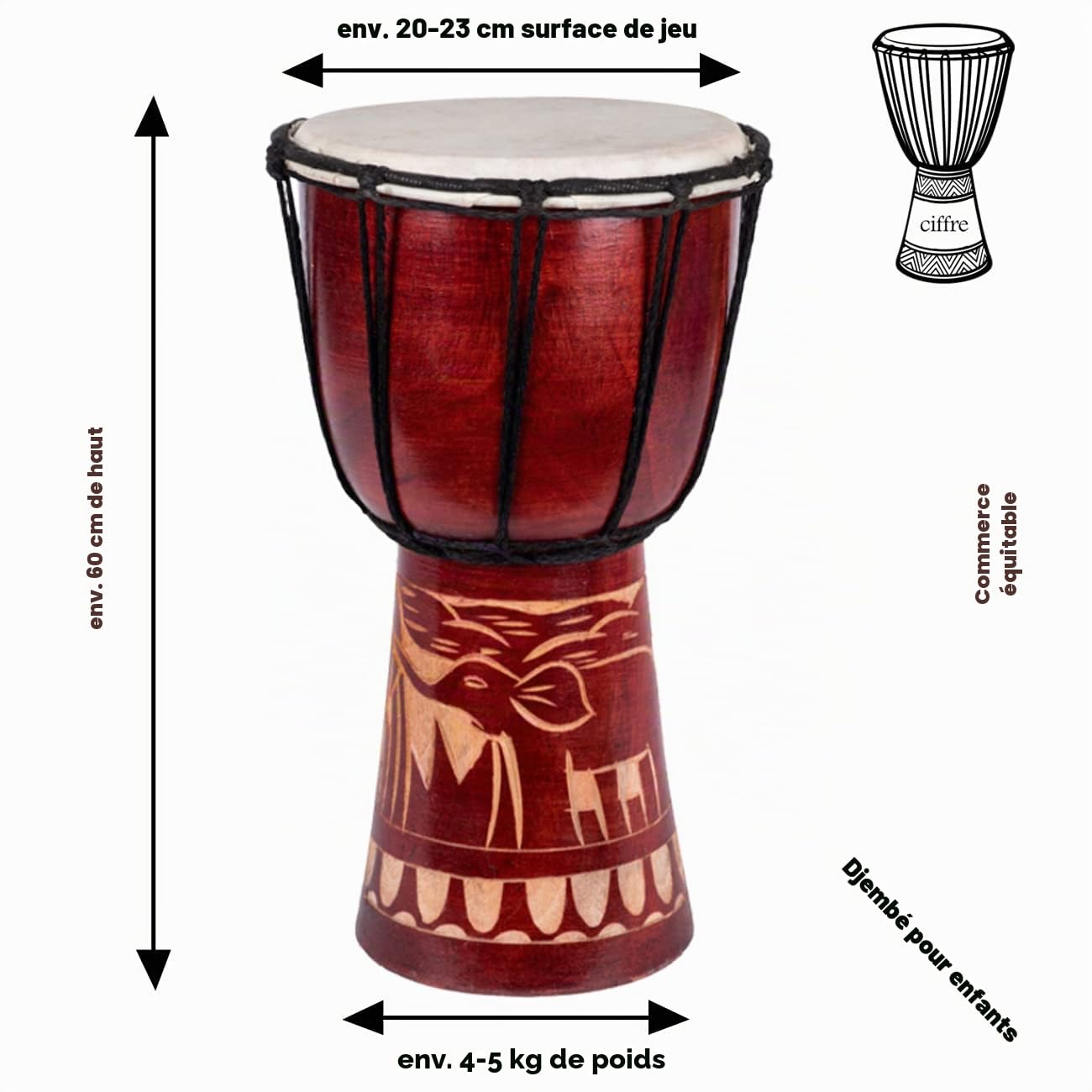 60cm Djembe Drum Bongo Tambour en bois Darbuka Bon Son Éléphant Afrique