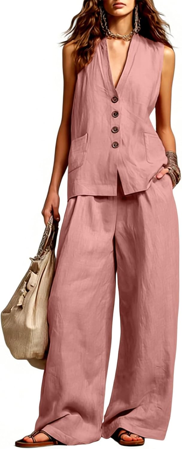 Xiaojmake Women's Summer 2 Piece Lounge Set Dressy Sleeveless Button Down V Neck Top & Wide Leg Pants Office Travel Outfits
