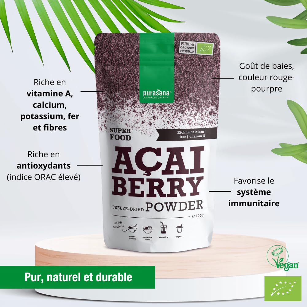 Purasana® Poudre de Baies d’Açaï Bio - Complément Alimentaire Superaliment, Riche en Antioxydants, Renforce l'Immunité, 100% Vegan & Sans Gluten, 100g
