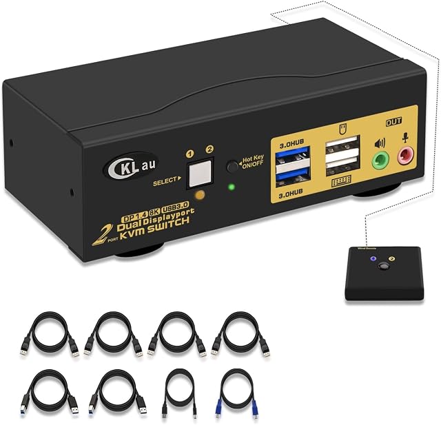 CKLau 2 Port USB 3.0 Dual Monitor KVM Switch Displayport 1.4, Display Port KVM Switch 2 Monitors with Audio and Cables Support 4K@144Hz, 8K@30Hz