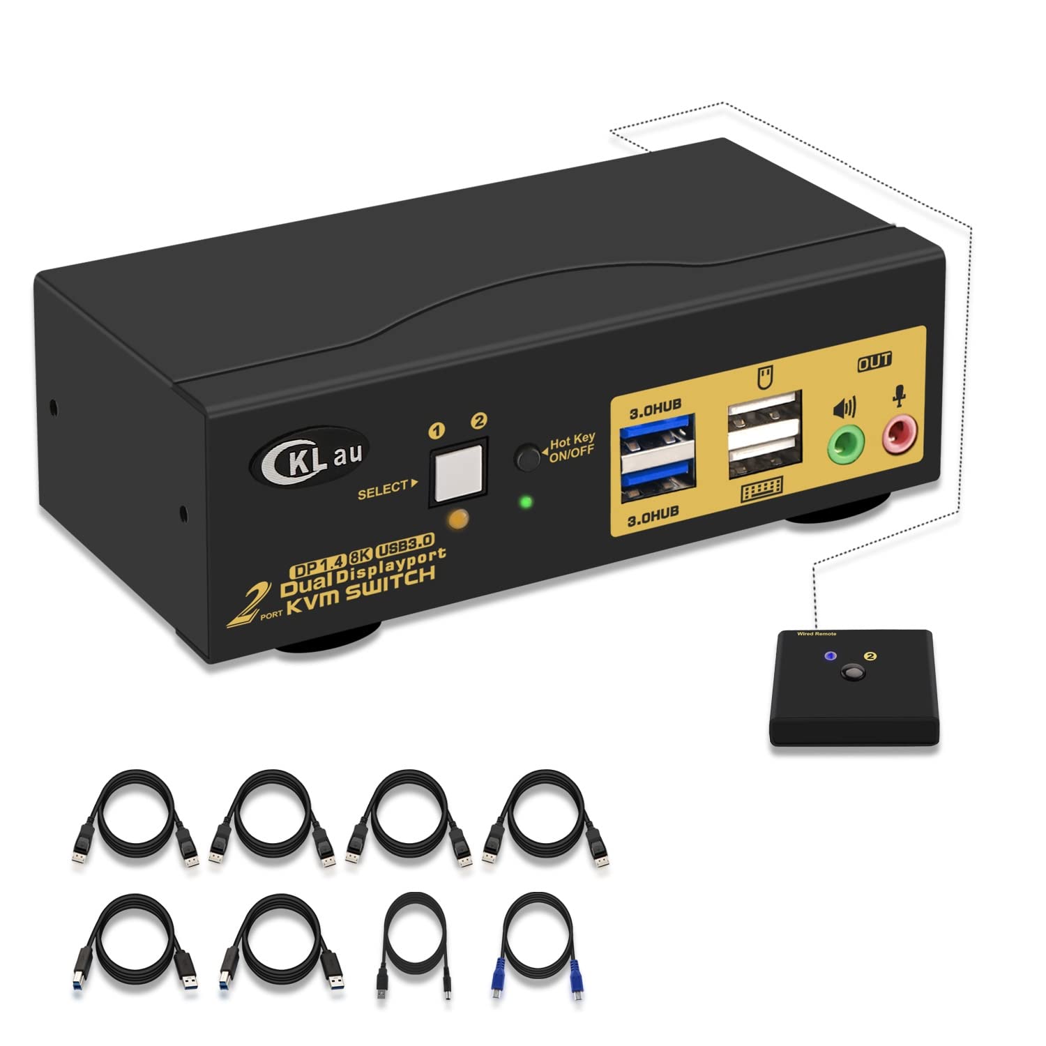 CKLau 2 Port USB 3.0 Dual Monitor KVM Switch Displayport 1.4, Display Port KVM Switch 2 Monitors wit