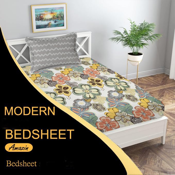 Image of IVAZA Ezyption Cotton Soft and Warm Mix N Match Bedsheet Set for Single Size Bed Soft Durable bedsheet with1 Pillow Cover Yellow White
