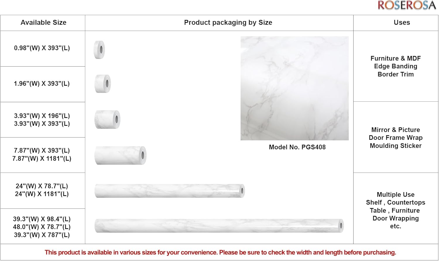 ROSEROSA Peel and Stick Glossy Faux Marble Architectural Film Self-Adhesive Vinyl Film Wallpaper Door Wrap Counter Top Border Mirror Molding Trim PGS408
