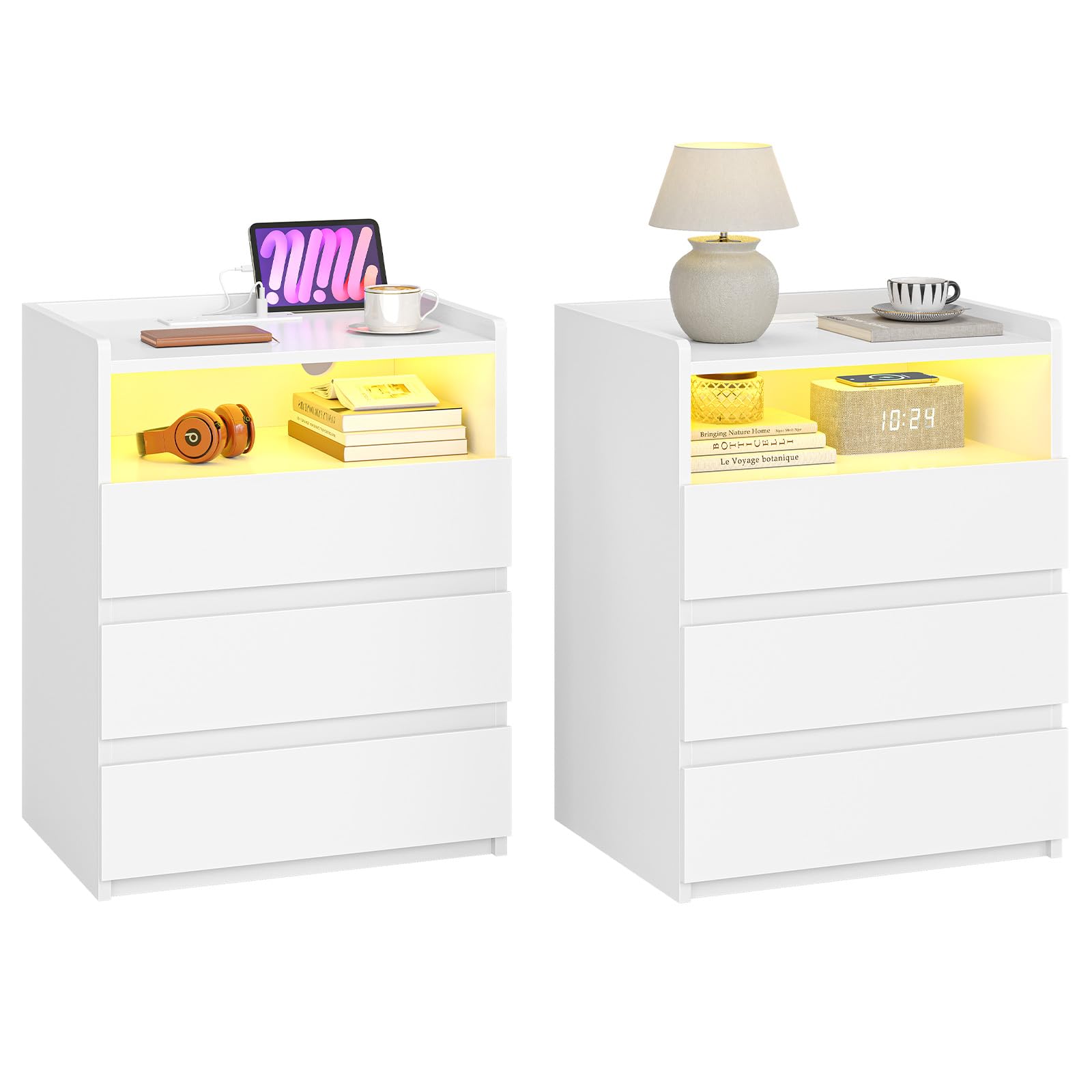 AOGLLATI Bedside Cabinet with LED Lights Bedside Table with Charging Station|3 Drawers and 1 Compartment |2 AC and 2 USB Ports Side Table for Living Room and Bedroom,White (2, White)