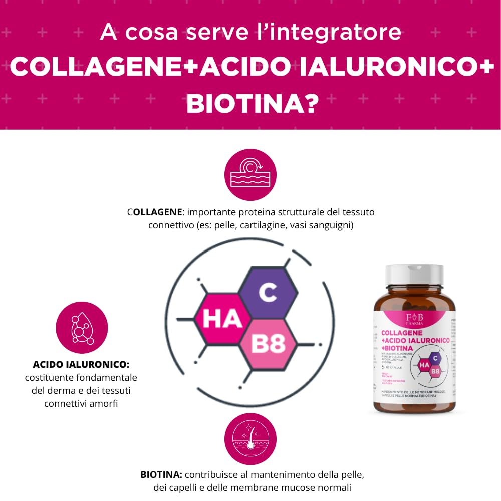 FB Pharma - integratore collagene e acido ialuronico e biotina - 180 capsule - Integratori articolazioni e cartilagine - capelli e pelle - Formula studiata in Italia