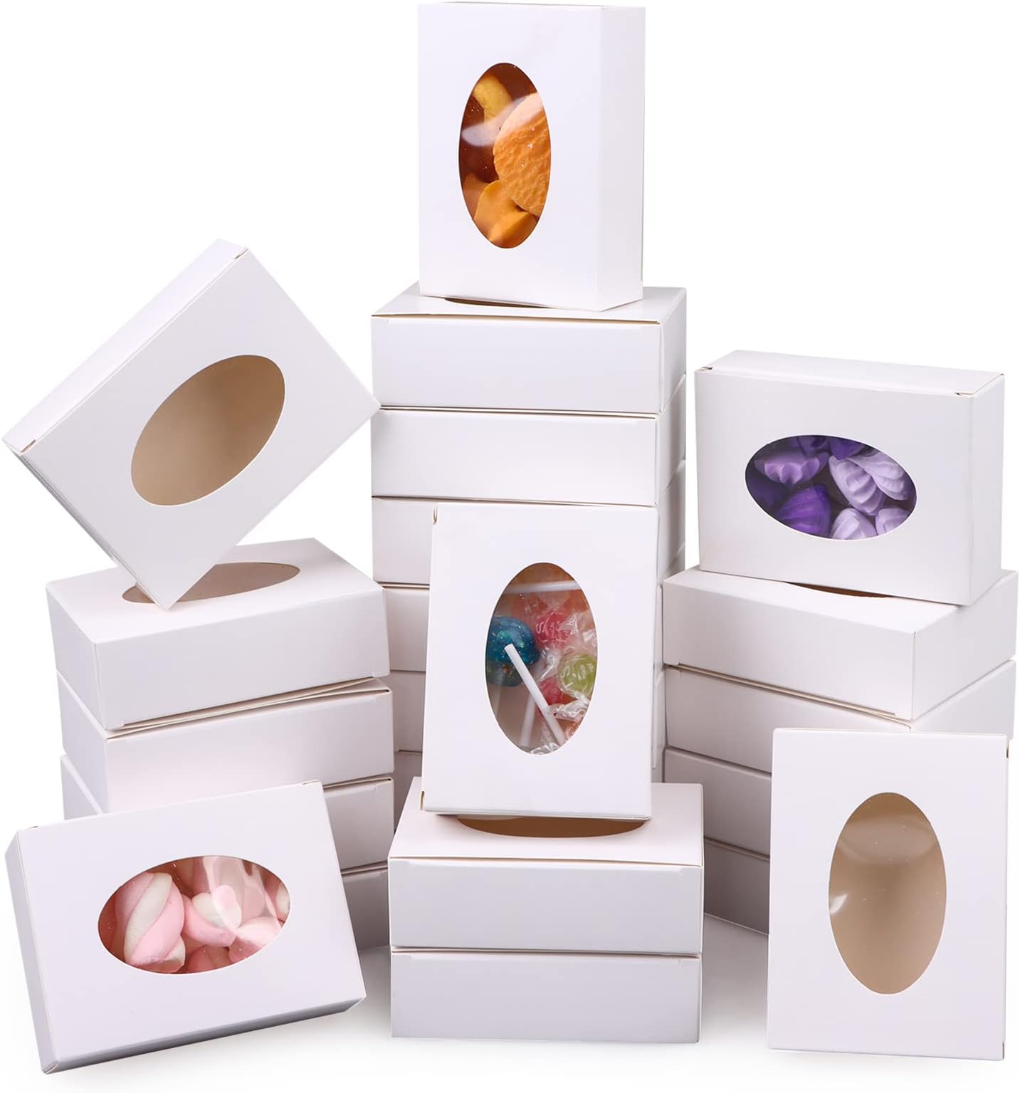 100 PCS Mini Kraft Paper Box with Window Round Soap Packaging Boxes Craft Cardboard Present Box for Homemade Soap Favor Treat Bakery Candy, 3.8 x 2.8 x 1.2 Inch (White)