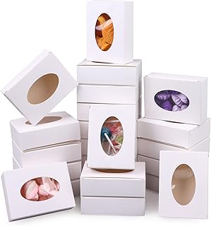 100 PCS Mini Kraft Paper Box with Window Round Soap Packaging Boxes Craft Cardboard Present Box for Homemade Soap Favor Treat Bakery Candy, 3.8 x 2.8 x 1.2 Inch (White)