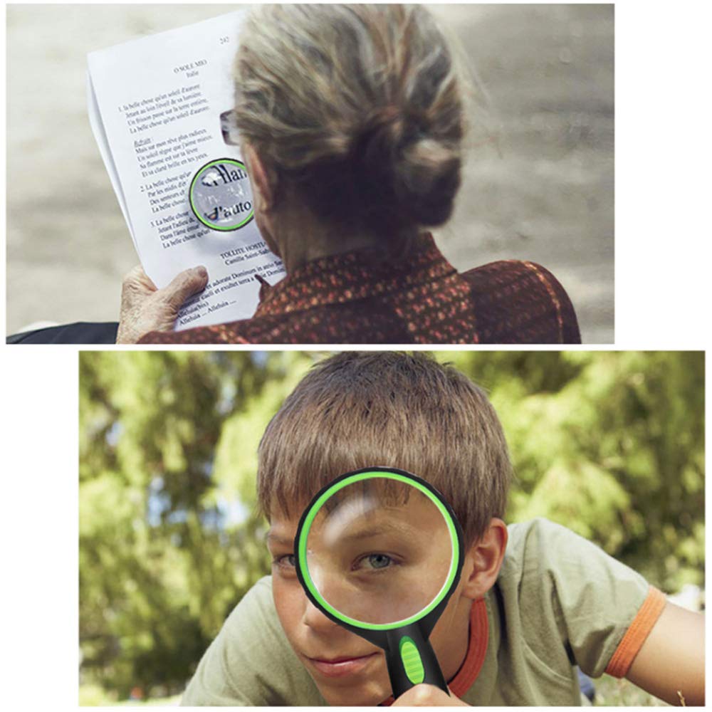 Lupa de Mano con luz LED, Lupa de Lectura para Personas Mayores, los Estudiantes observan la Lupa con Mango de Goma Verde con luz LED Interesting