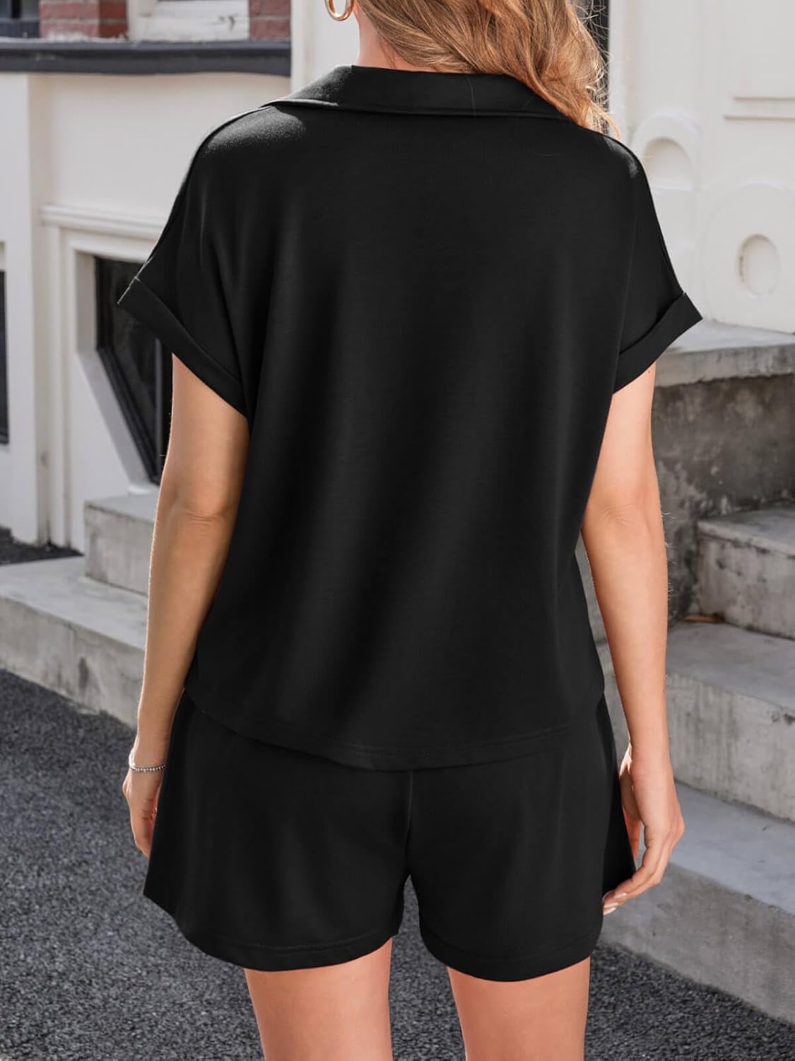 Yousify 2 Piece Sets for Women Cap Sleeve V Neck Lapel Tops and Drawstring Shorts Summer Casual Outfits Loungewear 2026