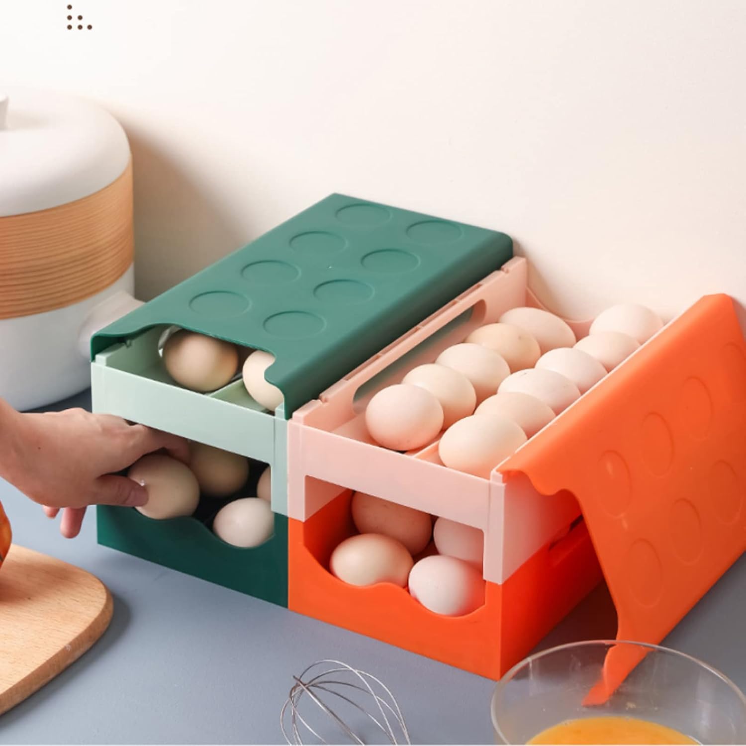 Automatic Rolling Egg Container ②-Layer Stackable Egg Storage Container Refrigerator Eggs Container Can Store ②6 Eggs-Green 11.5x6.1x6.3inch (Orange 11.5x6.1x6.3inch)