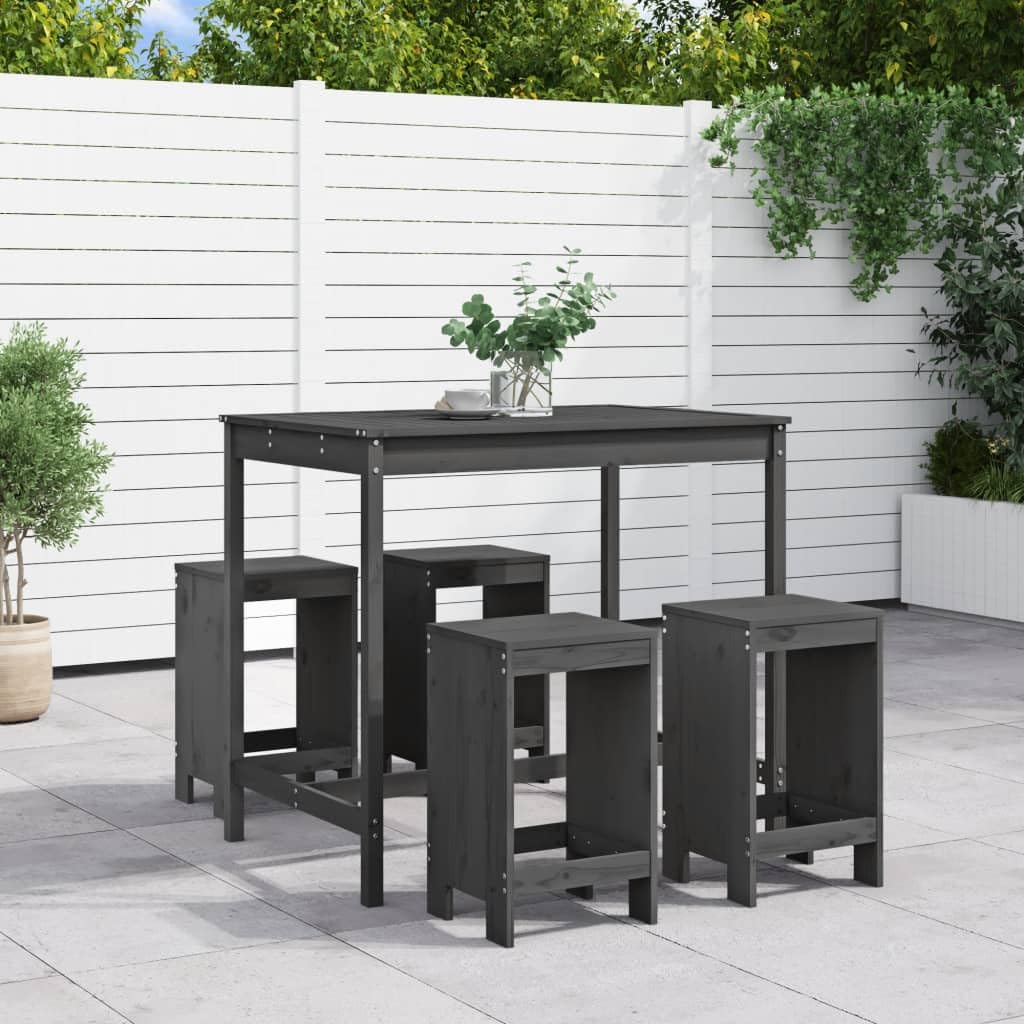 Juego de barra de jardín de 5 piezas, de madera de pino maciza, 121 x 82,5 x 110 cm, color gris, barra de bar estable con 4 taburetes de hasta 110 kg, ahorra espacio, muebles de balcón para