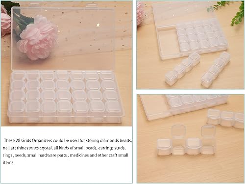 Miniatura 5 de 112 ranuras, paquete de 4 unidades, 28 rejillas, caja organizadora de plástico transparente para almacenamiento de cuentas, caja de joyería para