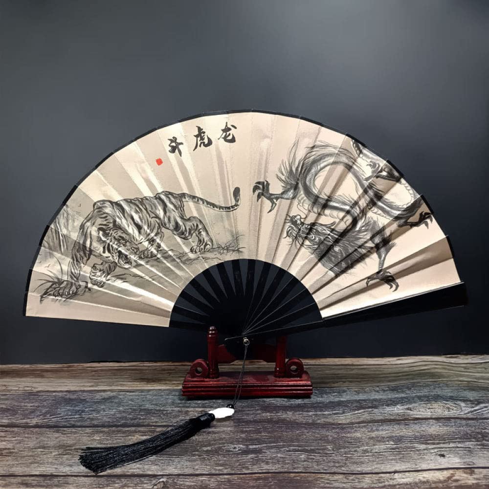 qbodp 2 Pcs Folding Hand Fan for Men,Chinese Vintage Plastic Handle Folding Fan with Tassel Pendant,10 Inches Portable Foldable Fan,Double-Sided Printed Tiger Dragon Pattern