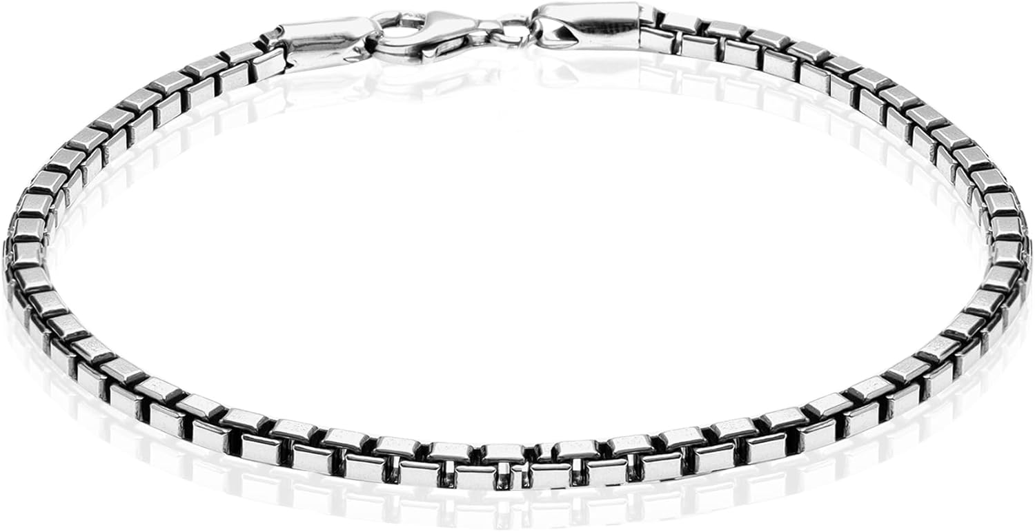 LeCalla Solid 925 Sterling Silver Italian Box Chain Bracelets for Men | Classic 3.5MM Minimalist Silver Bracelets (7.5, 8, 8.5, 9 Inches), Made in Italy