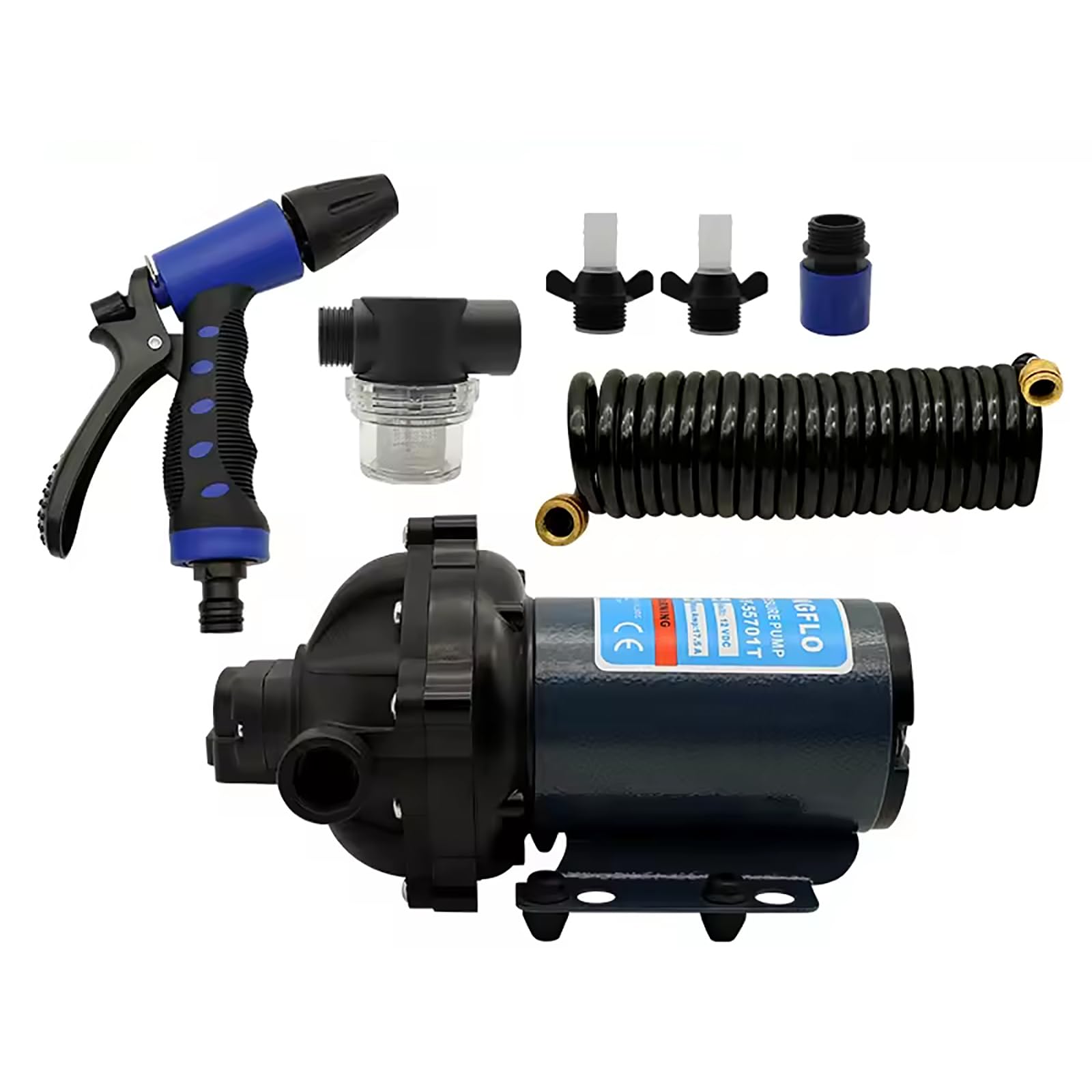 Bomba de agua de 12V para lavado a presión con boquilla y manguera en espiral