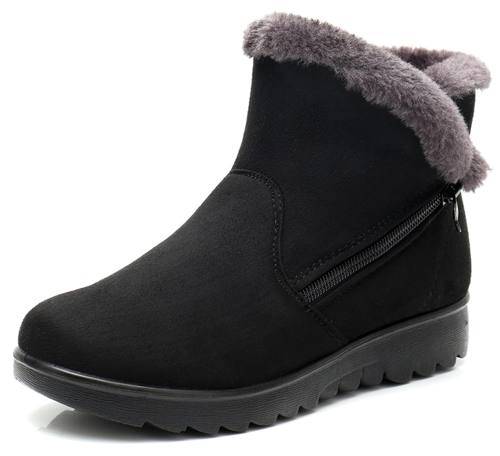 Women's Winter Warm Fur Lined Snow Boots Side Zipper Ankle Boots Outdoor Booties Comfortable Boots for Women Black US Size 8
