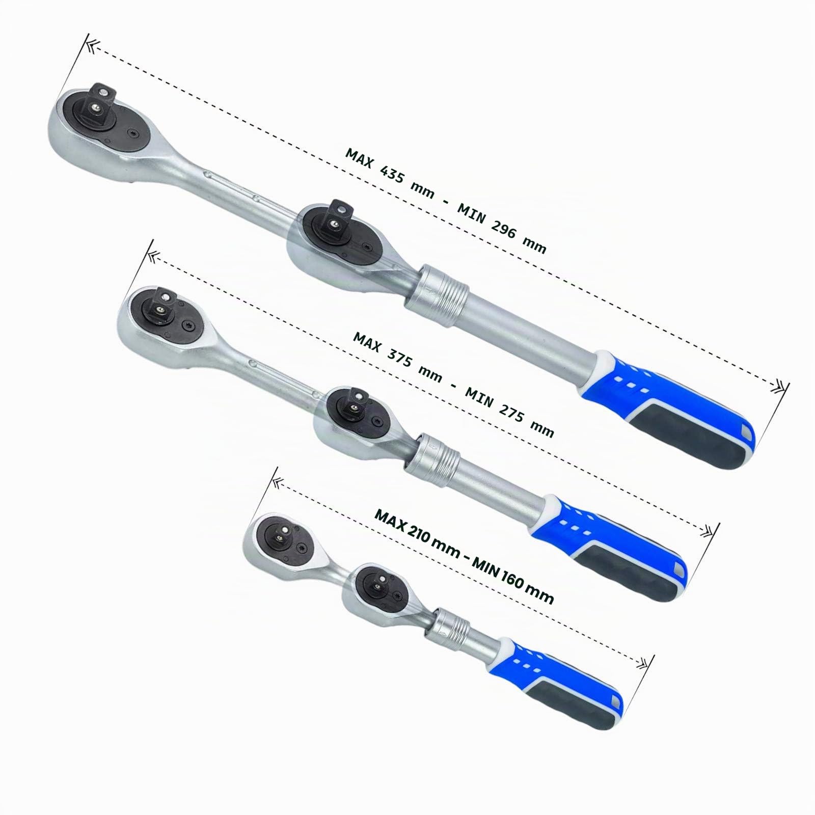 HASKYY| Jeu de Cliquet Télescopique Réversible 1/2" + 3/8" + 1/4" | Denture Fine