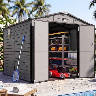 Quictent 8x8 FT Resin Storage Shed with Floor, Outdoor Plastic Storage Shed with Window & Vent, Lockable Door, Heavy Duty Tool Garden Shed for Patio Bike Lawn Mower Pool Supplies(7.2X7.6FT Base)