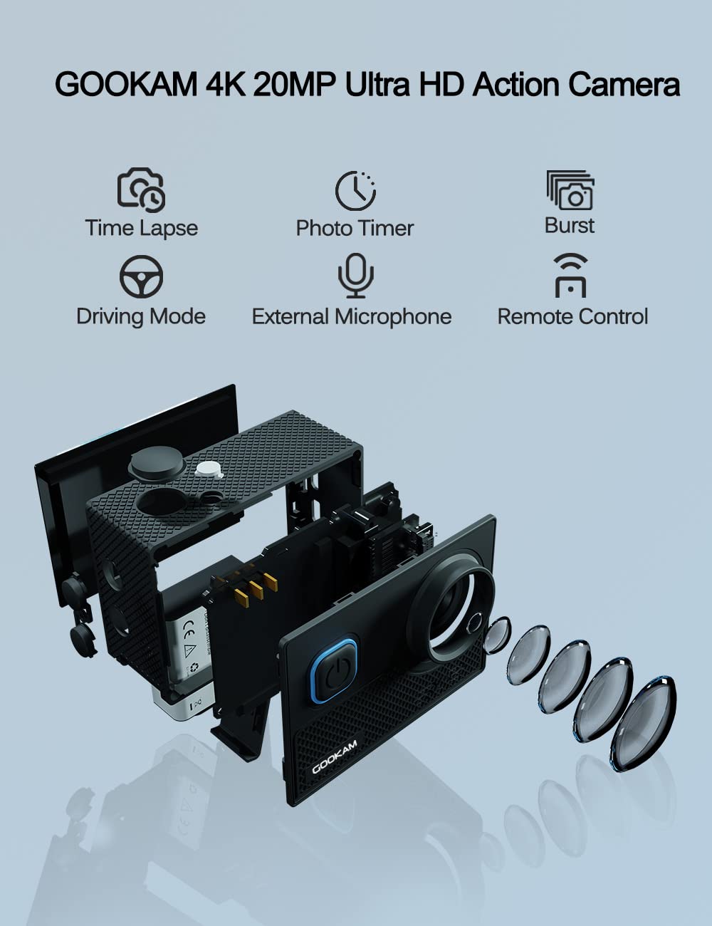 GOOKAM Action Cam 4K WiFi - Fotocamera Sportiva Impermeabile 40M Con Touch Screen, Doppia Batteria E Microfono Esterno - Foto 12