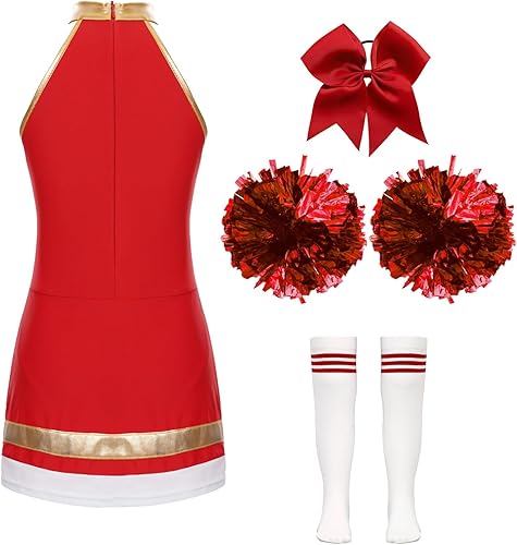 Miniatura 4 de YiZYiF Disfraz de líder de animadora de Halloween para niñas, uniforme de animación, vestido de baile de gimnasia con pompones, medias y corbata