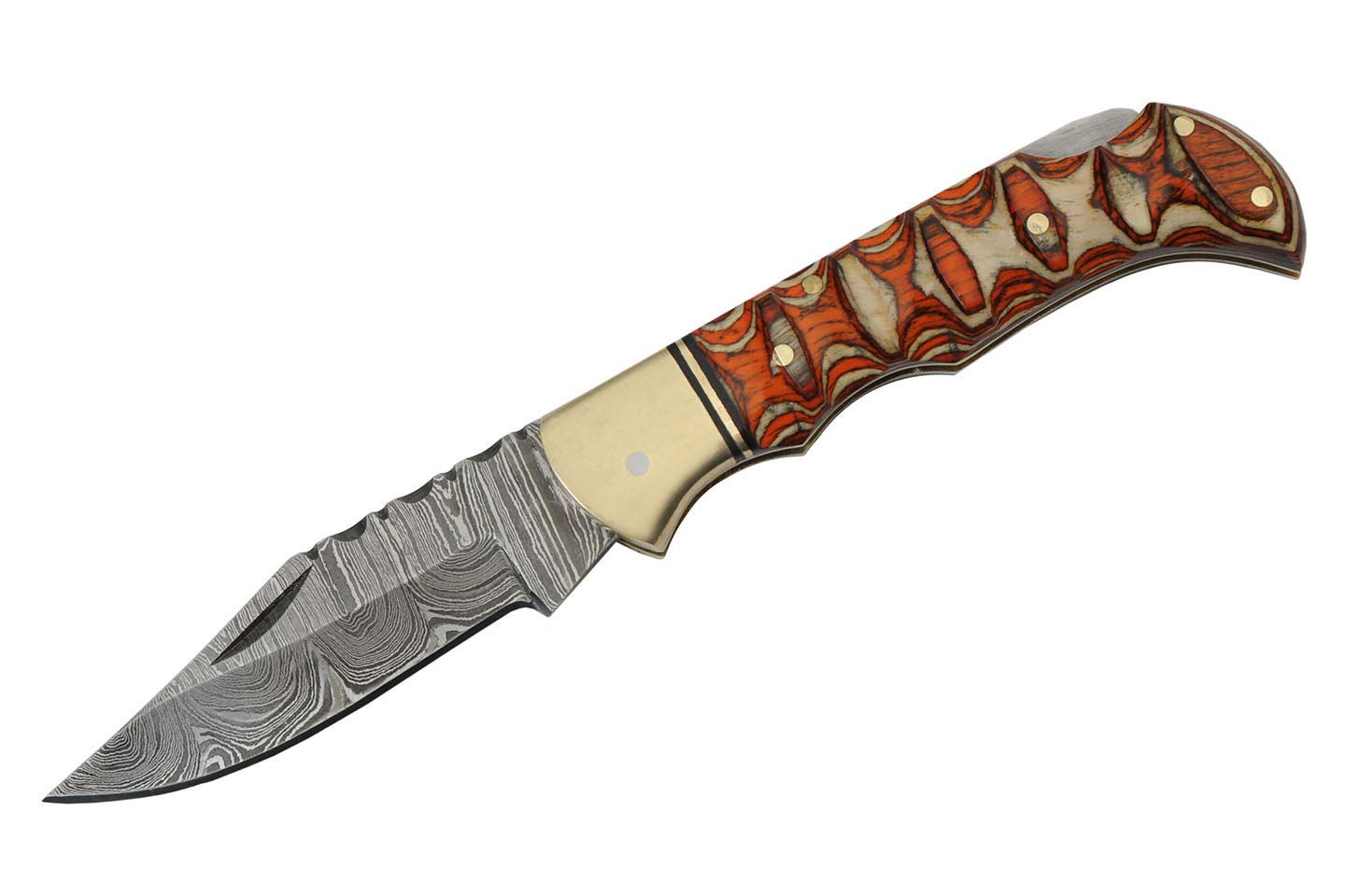 Brown White Damascus Steel Blade | Twisted Wood Handle 4 inch Edc Pocket Folding Knife